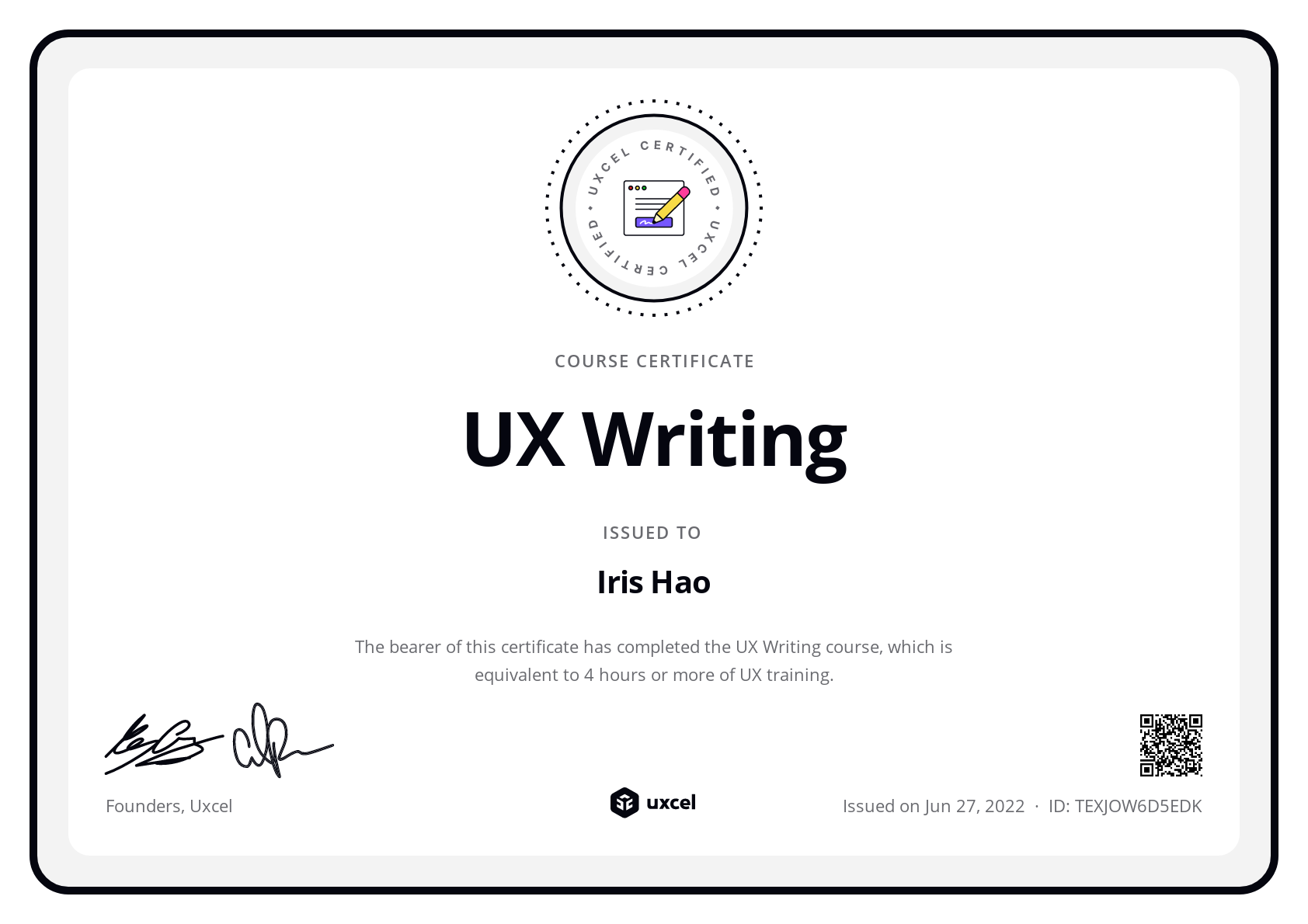 Iris Hao's certificate
